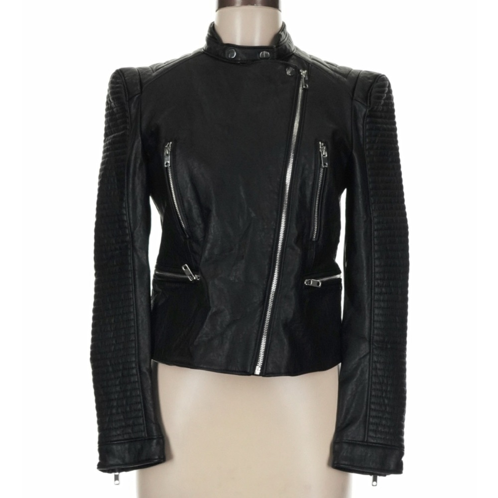 Zara Black Quilted-Sleeve Leather Moto Jacket